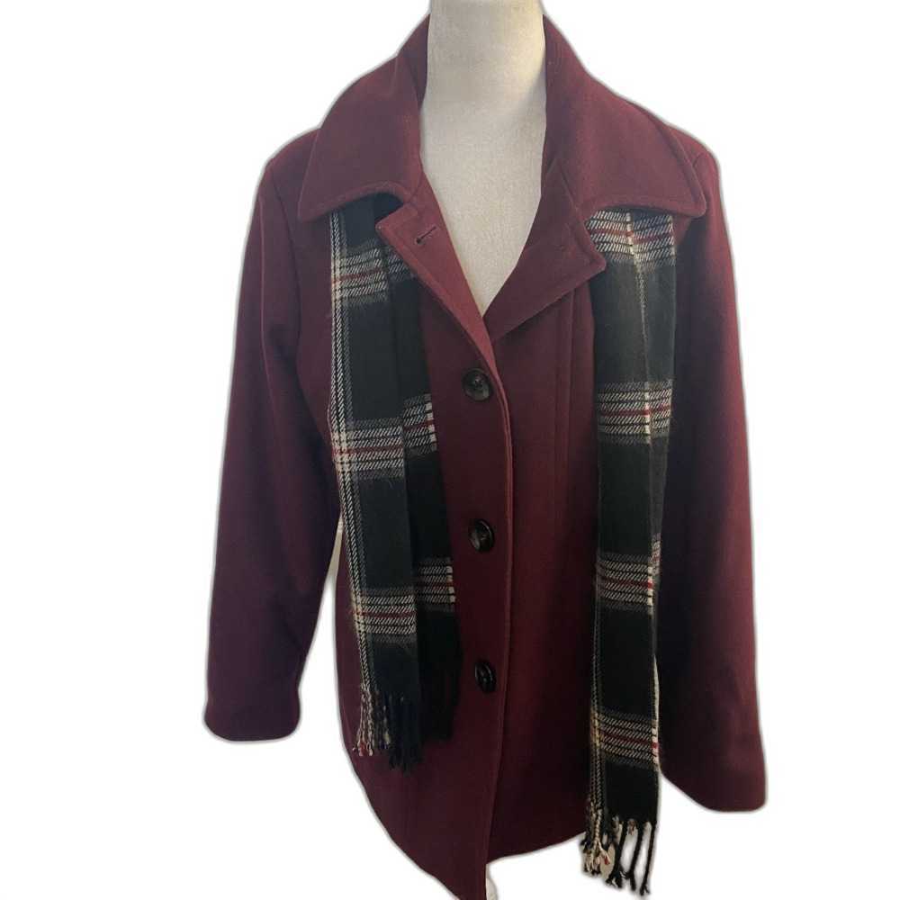 London Fog Wool Blend Pea Coat Scarf Pockets Burgundy Wine Size Petite Large